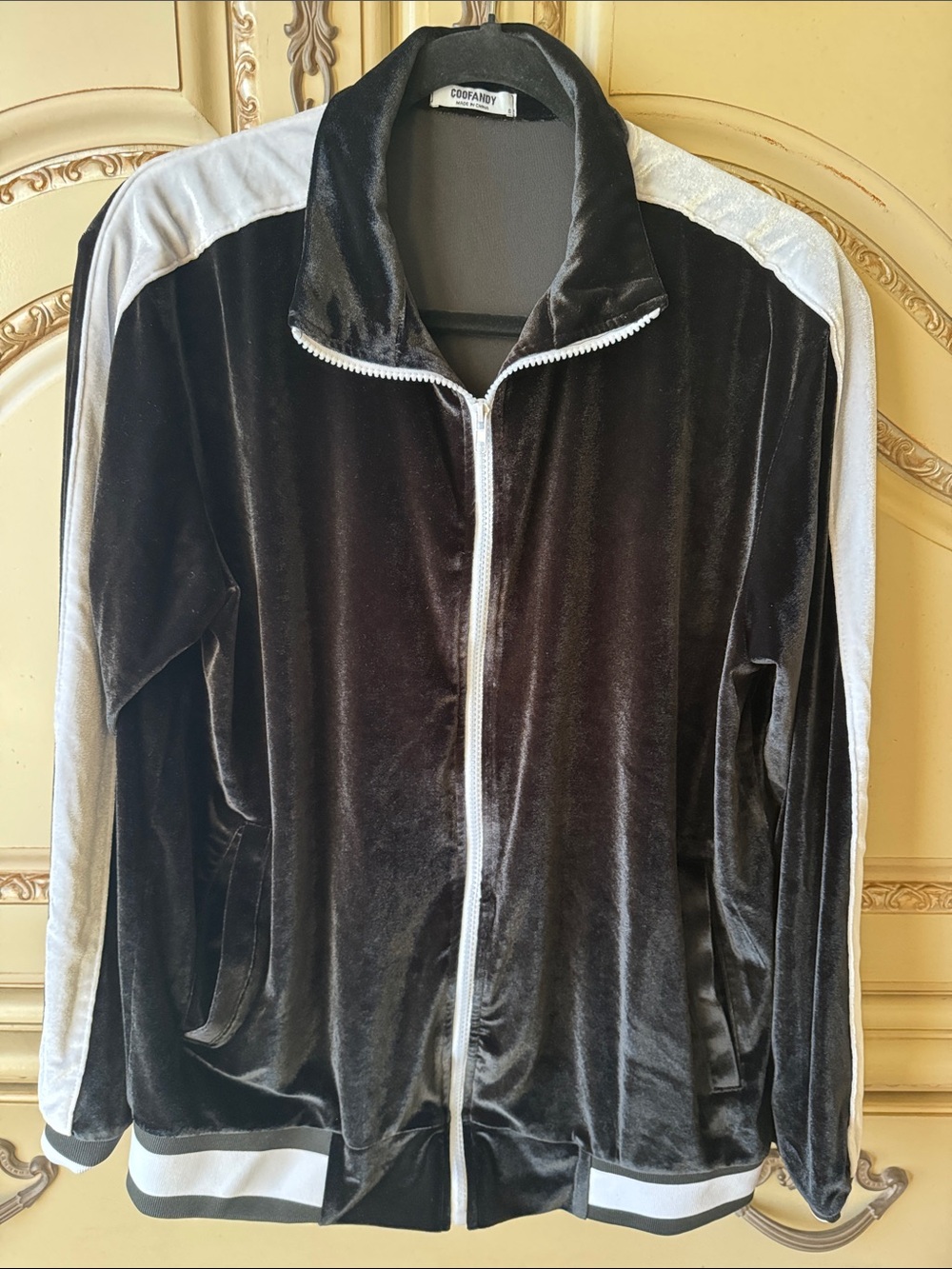 Men's Black Velour Track Pants with White Side Stripes